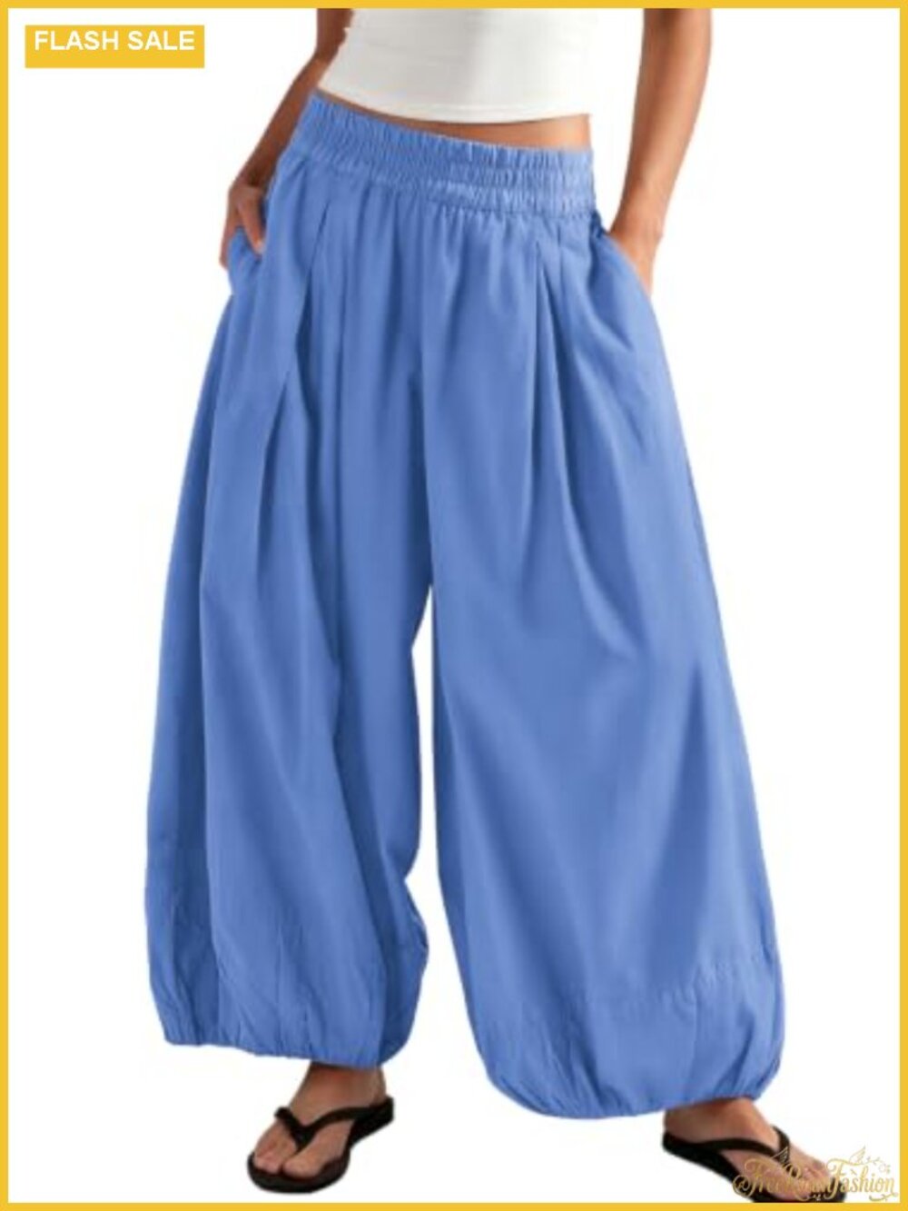Womens High Waist Wide Leg Balloon Pants Elastic Waist Loose Fit Cotton